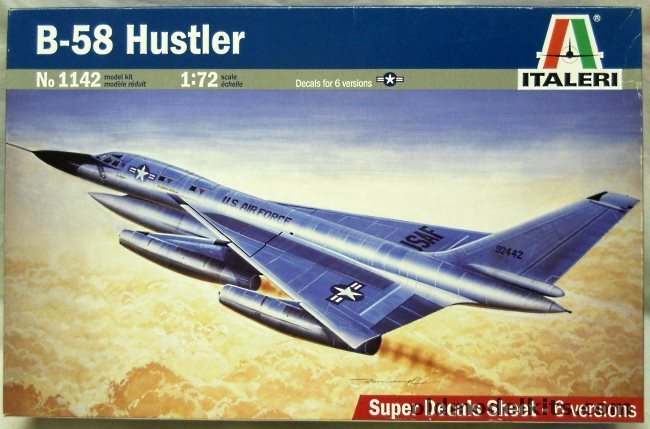 Italeri 1/72 Convair B-58 Hustler - 43rd Bomber Wing Carswell TX 1960 / 43BW Carswell 1962 (Preseved at Dayton Museum) / Carswell (2 More Aircraft) / 305th BW Westover AFB 1964 (Two Different) /, 1142 plastic model kit